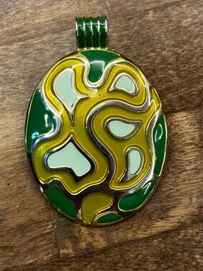Vintage 1970s Modernist Abstract Enamel Statement Pendant Large Green Gold Art